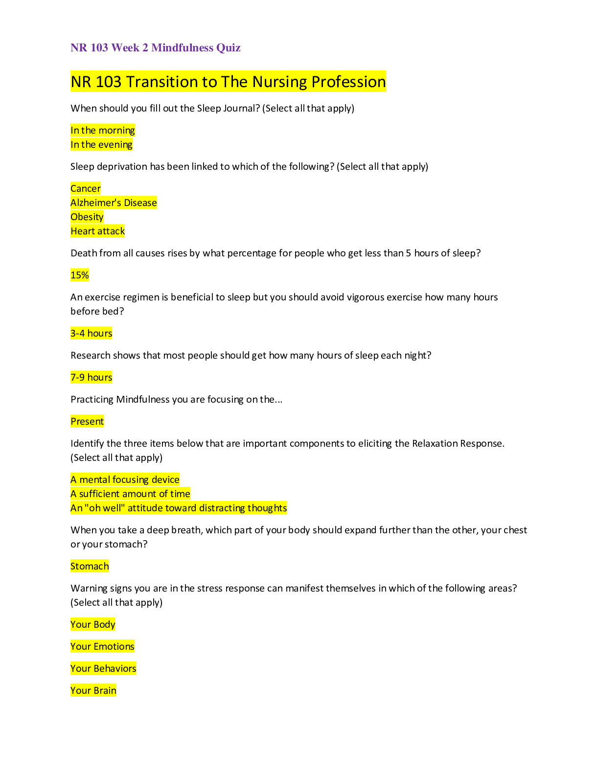Preview of NR 103 Transition To The Nursing Profession Week 2 Mindfulness Quiz Graded A